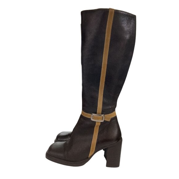 Shellys Women's Size 5 Black Brown Leather Knee-High Buckle Boots shoe Portugal - Picture 2 of 8